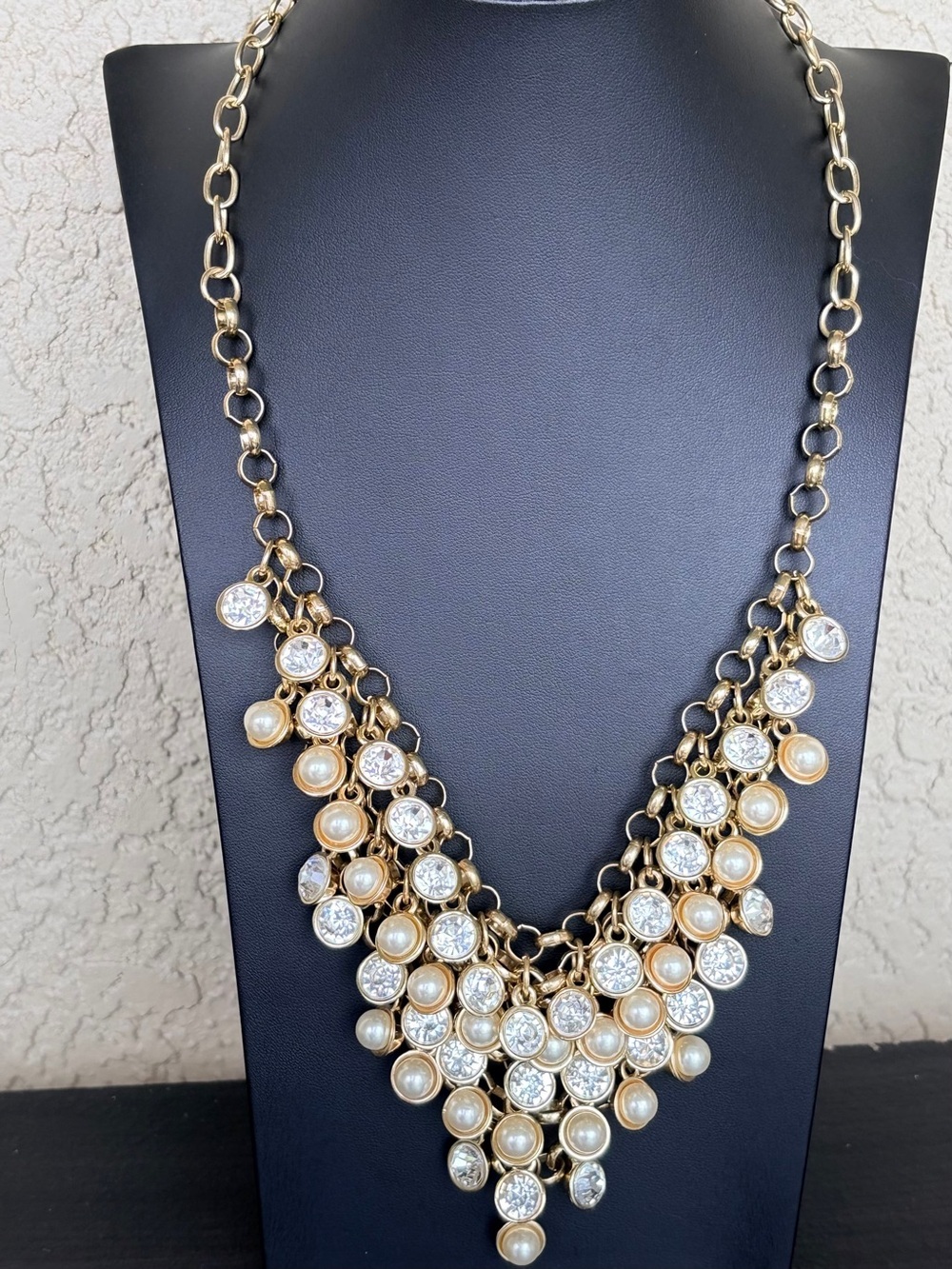 Show-Stopper Gold Tone Pearl & Crystal Statement Necklace